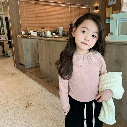1-12 Years Long-Sleeved Shirts Children's Spring Knitted Tops Baby's Lace 2025 Lace Base Shirt Korean Girls Ruffle Collar T-shirt