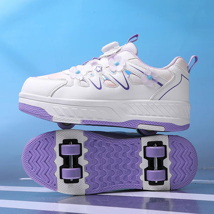 Girls Roller Skates Four-wheel Outdoor Shock-absorbing Casual Sports Shoes Soft Walking Comfortable Flat Wheel Shoes for Kids