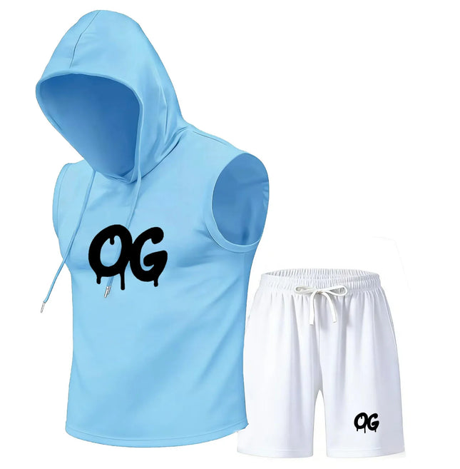 Men's hooded vest set, sleeveless hooded T-shirt, vest and shorts set, summer sports outdoor sports and leisure GO