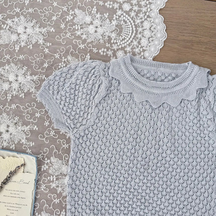 2026 Summer Casual Children Knit Blouse Girls Scalloped Neck Puff Sleeve Openwork Top Soft Lightweight Gentle Tee