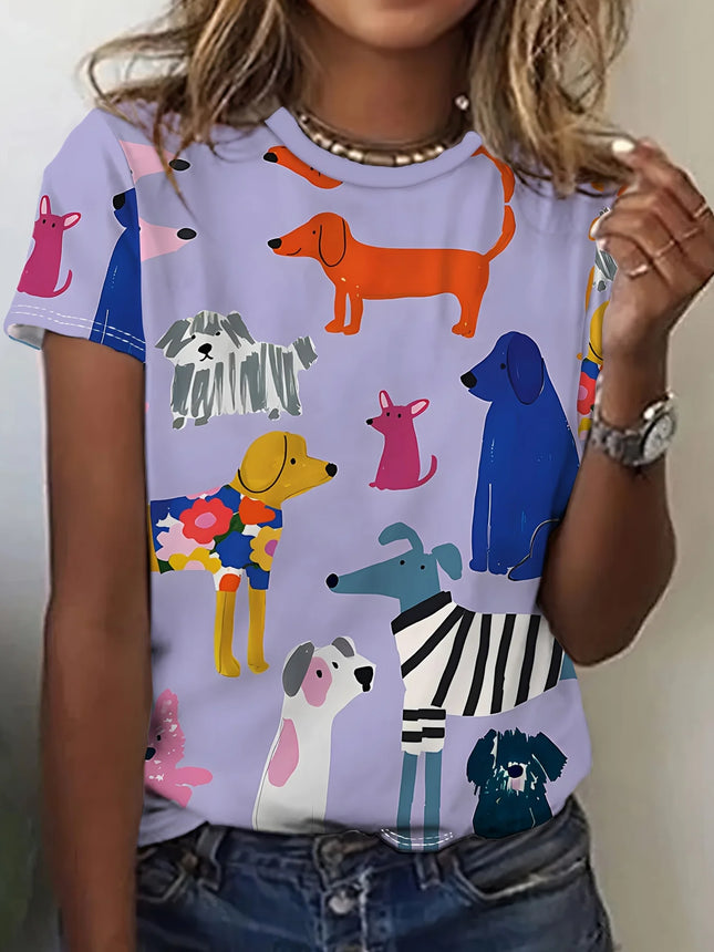 Women's Tee - Colorful Cartoon Dog Pattern Graphic, Playful Pet Print Design for Casual Daily Wear