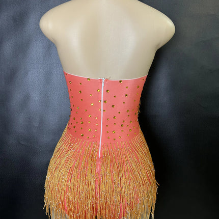 Sparkly Rhinestones Fringe Bodysuit WomenVightclub Party Dance Costume Stage Wear SexyTassel Leotard Performance Clothing G7