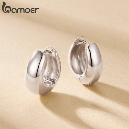 BAMOER White Gold Plated 925 Sterling Silver Post Glossy Hoop Earrings, High Polished Trendy Fashion Jewelry for Women Bijoux