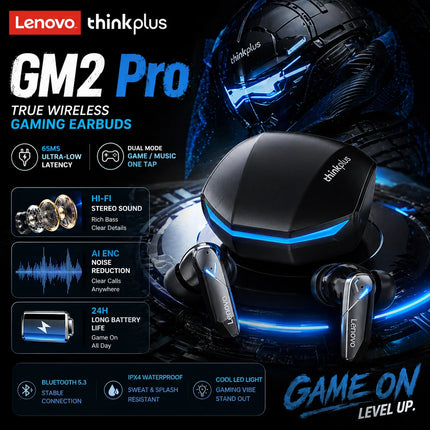 Lenovo GM2 Pro Earphone Bluetooth 5.3 Headphones with Mic 9D Stereo Pro 6 Lenovo Earbuds Dual Modes Music Game Wireless Headset