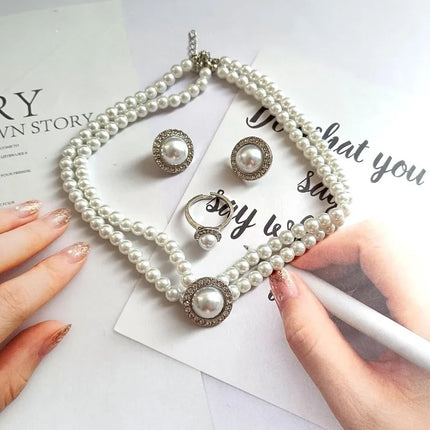 4Pcs for Women's Party Accessories Jewelry Fashion Elegant Geometric Round Rhinestone Imitation Pearl Beaded Necklace Earring