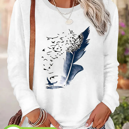 Women'S Cotton Long Sleeve T-Shirt Leaf and Birds Casual Top Fall Winter Fashion Ladies T Shirts Clothing Artistic Print Tee