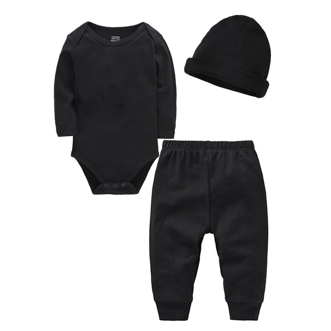 3-Piece Set 100% Cotton Baby Rompers, Pants, and Hat - Plain Colors Kids Trousers, Muslin Bodysuit, Newborn Clothing