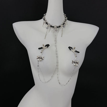 Dark-themed Erotic Nipple Clamps with Full-body Chain and Collar SM-style Nipple Body Decoration Made of Metal Adult Toy Product