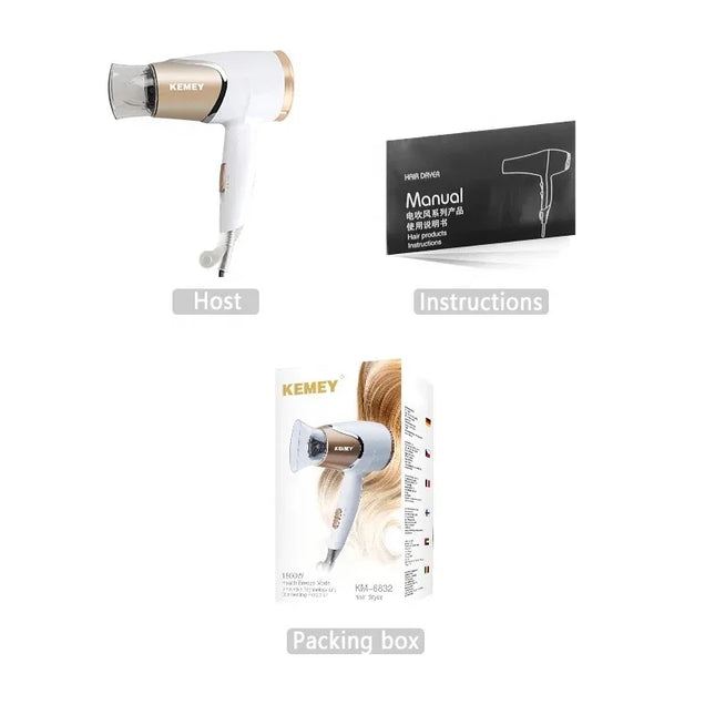 Kemei Compact Travel Hair Dryer with Folding Handle Mini Portable Powerful Blow Dryer with Heat Protection Include Concentrator