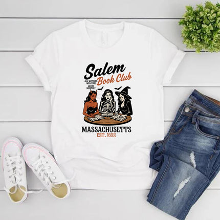 Witchy Book Club T-Shirt Spooky Girl Reading T-shirt Book Lover Halloween T-shirt Casual Women Graphic T-shirts Witches Salem Tee