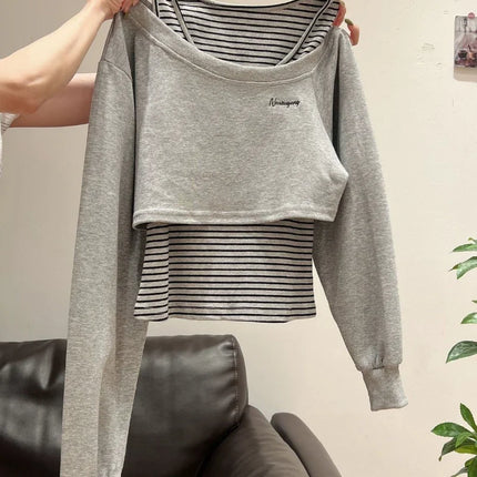 Xia Zhenhua Gray Off-shoulder Long-sleeved Striped Sweatshirt Women 2025 Autumn Design Matching Vest Two-piece Set