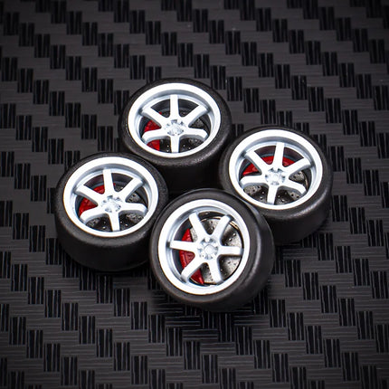 1 Set 10.8mm 1/64 Model Car Wheels for HW Ball Bearing Tires with Brake Disc Caliper Axles Rims for 1:64 Toy Models Tomica JDM