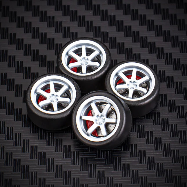 1 Set 10.8mm 1/64 Model Car Wheels for HW Ball Bearing Tires with Brake Disc Caliper Axles Rims for 1:64 Toy Models Tomica JDM