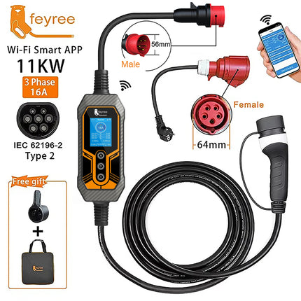 feyree Type 2 Portable EV Charger 11KW 16A 3 Phase Wi-Fi APP Bluetooth Version EVSE Charging Cable 5m CEE Plug for Electric Car