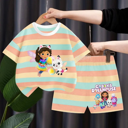 Gabby Dollhouse Children Summer Clothes Shorts Suit 2pcs Striped T-shirt Set Kid Tops Girl Tracksuits Outfits Boy Sport Tee Gift