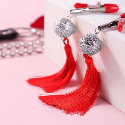 Hot！1 Pair Metal Bells Nipple Clamps With Tassel Nipple Ring For Flirting Teasing Exotic Breast Enlargement Adult Accessory