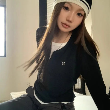 2024 Autumn Winter Long Sleeves Korean Fashion Style O-neck T-shirt for Women Fake Two-Piece T-shirts Ladies Top Tee Clothes