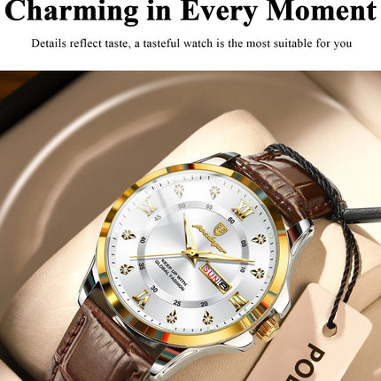 POEDAGAR Original Luxury Male Wristwatch Waterproof Luminous Date Week Men Watch High Quality Leather Quartz Men's Watches Reloj