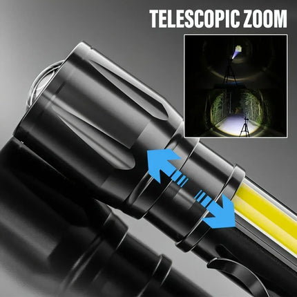 Portable Rechargeable LED Flashlight with Pen Clip Zoomable Waterproof Torch with Side Light Outdoor Camping Emergency Lantern