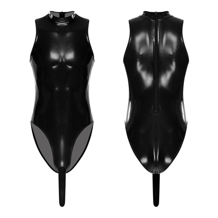 Mens Sexy Patent Leather Backless Tank Leotard Wet Look Sleeveless Sheath Bulge Pouch High Cut Bodysuit for Nightclub Pole Dance