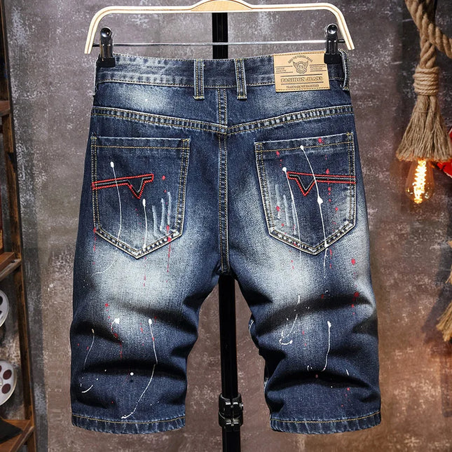 2026 new large size denim shorts retro ripped slim men's five quarter pants with cloth medium pants ripped jeans