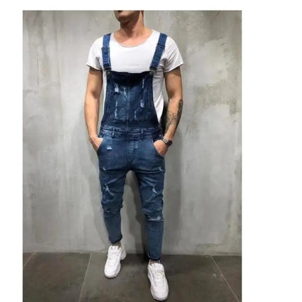 Men Jeans Overalls High Street Ripped Denim Jumpsuits Hip Hop One Piece Cargo Pants Cowboy Male Pockets Hole Suspenders 2024
