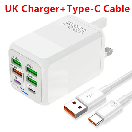 150W 6 Ports Pd QC 4.0 Usb C Fast Charger Wall Adapter Super Fast Charging For Iphone Samsung Ipad Xiaomi Huawei Oneplus Oppo