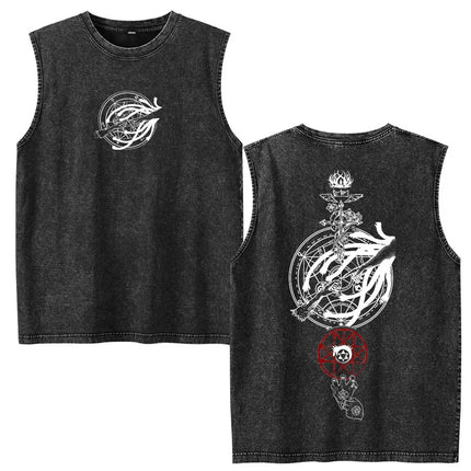 Anime Fullmetal Alchemist Vintage Washed Tank Tops Funny Manga Brotherhood Eyes T-shirts Fashion Casual Sleeveless Vest T-shirts