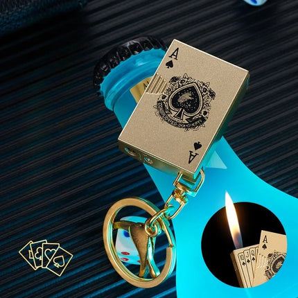 Metal Poker Keychain Pendant Inflatable Lighter Mini Compact Side Slip Butane Open Fire Outdoor Portable Lighter Men's Gift