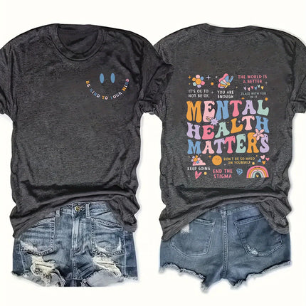 Mental Health Matters Women's Tee - Positive Graphic, Casual Black Oversized Top