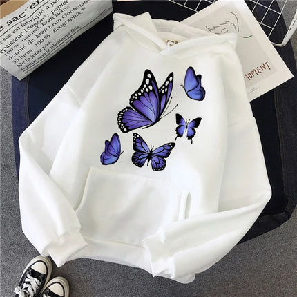 90s Graphic Dark Purple Butterfly Pattern Printed Hoodies Women's Vintage Y2k Sweatshirts Casual Hooded Clothes Kawaii Pullovers
