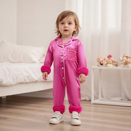 Pudcoco Baby Girl Satin Pajamas Contrast Trim Fur Trim Button Down Lapel V Neck Long Sleeve Romper