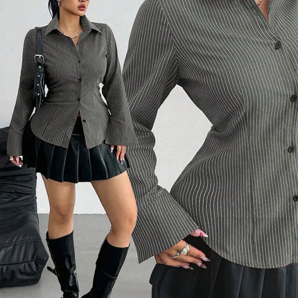 New Plus Size Lapel Print Striped Long-Sleeve Shirt Button Slim-Fit Top Blouse Versatile Elegant Office Fashion Female Clothing
