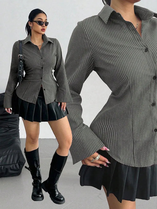 New Plus Size Lapel Print Striped Long-Sleeve Shirt Button Slim-Fit Top Blouse Versatile Elegant Office Fashion Female Clothing