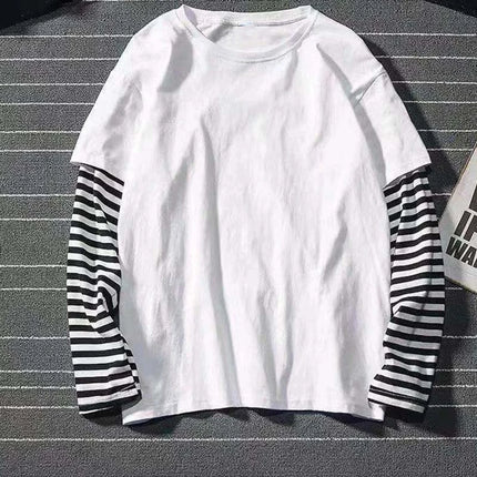 Nouveau Harajuku Noir Blanc Rayé Y2K Manches Longues Couleur Unie T-shirts Hommes Femmes Automne Faux Deux Pièces Manches Longues T-shirt Ample