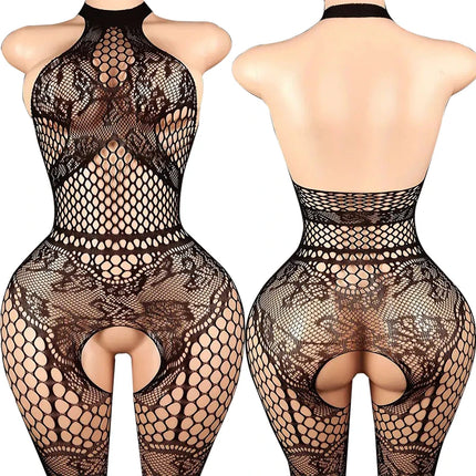 One Piece Crotchless Babydolls For Sexy Lingerie Women Long Sleeve Bodystocking Mesh Hollow Babydoll Dress Rose Erotic Underwear