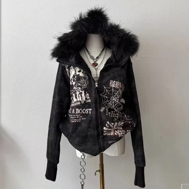 Y2K Harajuku New Pattern Printing Zipper Hooded Sweater Women Rock Hip Hop Popular Casual Joker Couple Plus Velvet Hoodies