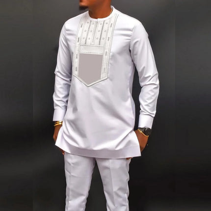 New Dashiki Men's Set Grey Round Neck Long Sleeve Luxury Brand Men's Suit Casual Slim Fit Men's Set Wedding Evening Suit