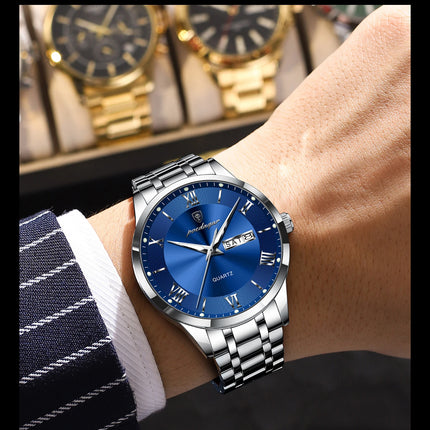 POEDAGAR Luxury Man Clock Waterproof Luminous Week Date Fashion Men's Wristwatch Stainless Steel Business Quartz Watches For Men