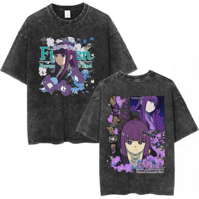 Anime Frieren: Beyond Journey's End Graphic Washed Vintage T-shirt Men's Women Fashion Short Sleeve Cotton Casual Loose T Shirts