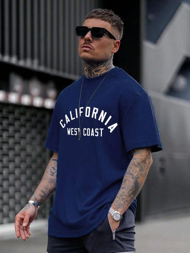 California West Coast Letter Mens Cotton T-Shirt Personality Vintage Casual Tops All-math Oversize Tee Clothing Man Short Sleeve