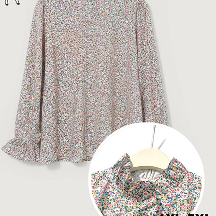 Plus Size Floral Print Blouse, Ruffled Placket & Cuffs with French Buttons, Flared Hem Office & Vacation Top