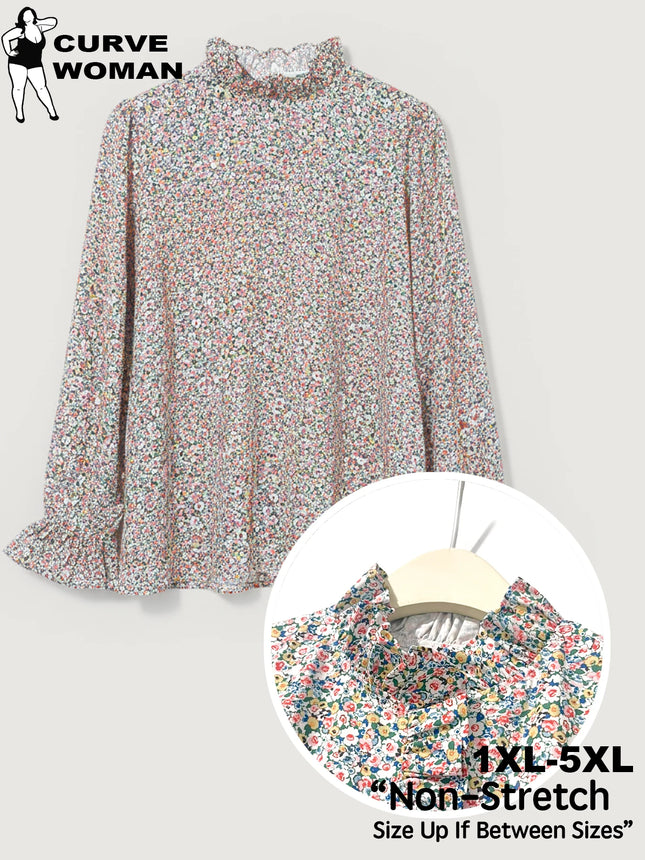 Plus Size Floral Print Blouse, Ruffled Placket & Cuffs with French Buttons, Flared Hem Office & Vacation Top