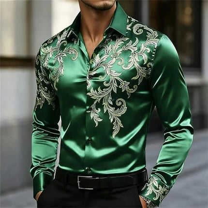Men's Satin Paisley Printed Shirt Luxury Glossy Long Sleeve Casual Button Down Dress Shirts Nightclub Party Wear