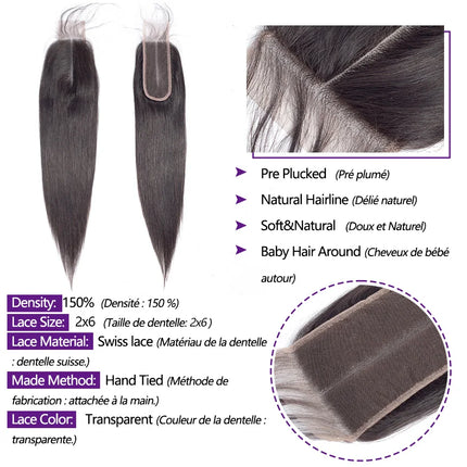 2x6 HD Lace Closure Straight  Only Natural  Lace Closure Pre Plucked HD Transparent Remy For Women Brazilian Remy Hair Human Hair