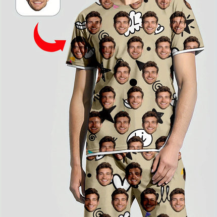 Men's Women's Facial Printed T-Shirt Shorts Set Personal Photo Customize Pajamas Comfortable Loose Home Set Valentine's Day Gift