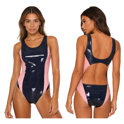 Women One Piece Wet Look Swimsuit Bodysuit Sleeveless Glossy High Cut Bodycon Jumpsuit Bathing Suit for Pool Party Beachwear