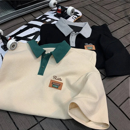 Men's Summer Style American Vintage Polo Shirt Versatile Cotton Half Sleeve T-shirt Loose Fit Casual Clothing