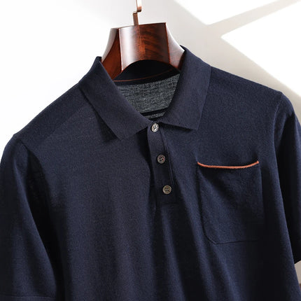 Spring and Summer New Polo Collar 100% Fine Wool Short Sleeve Men's Business Casual T-Shirt with Turn-down Collar and Pocket