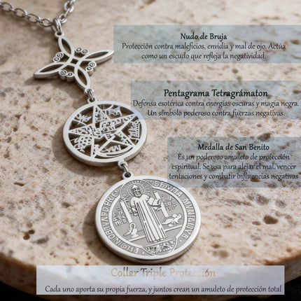 Triple Protection Necklace With Witch Knot Pentagram Tetragrammaton St. Benedict Stainless Steel Spiritual Symbol Amulet Jewerly